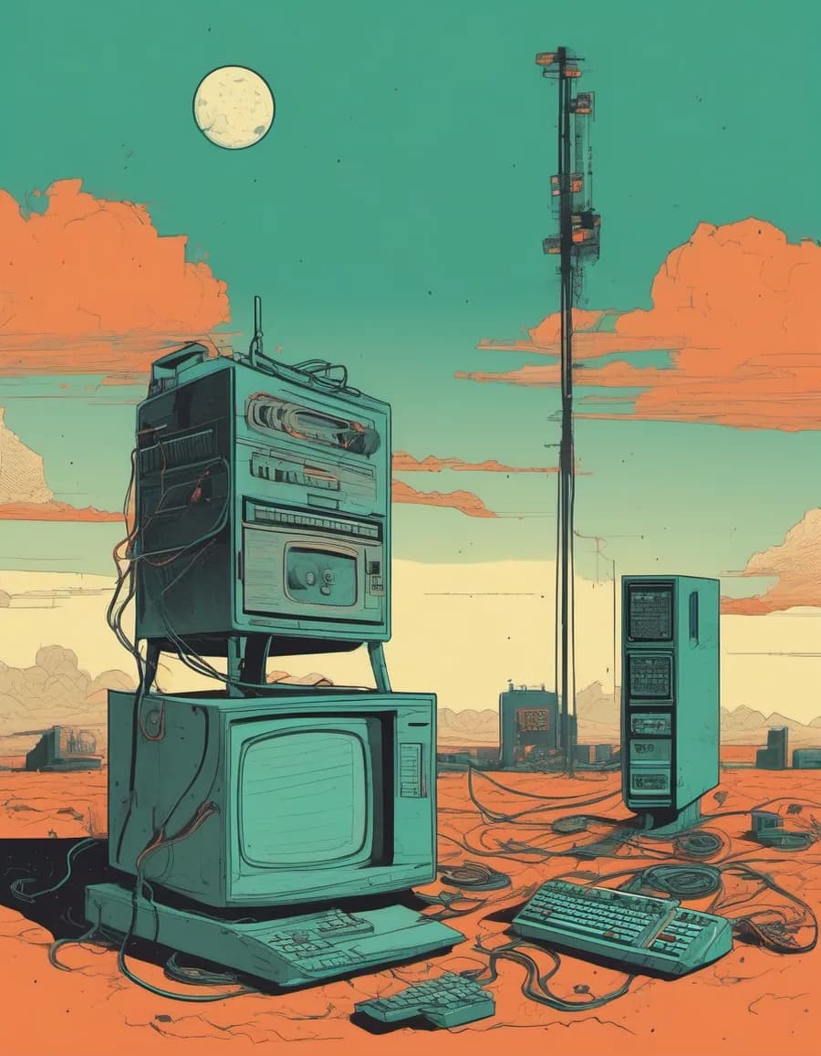 A monolithic stack of junked hardware standing in an empty landscape