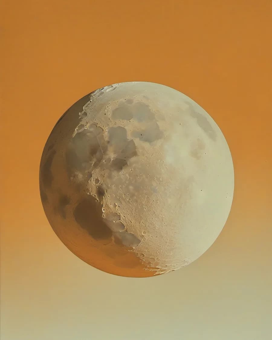 A full moon alone in an empty burnt-orange sky