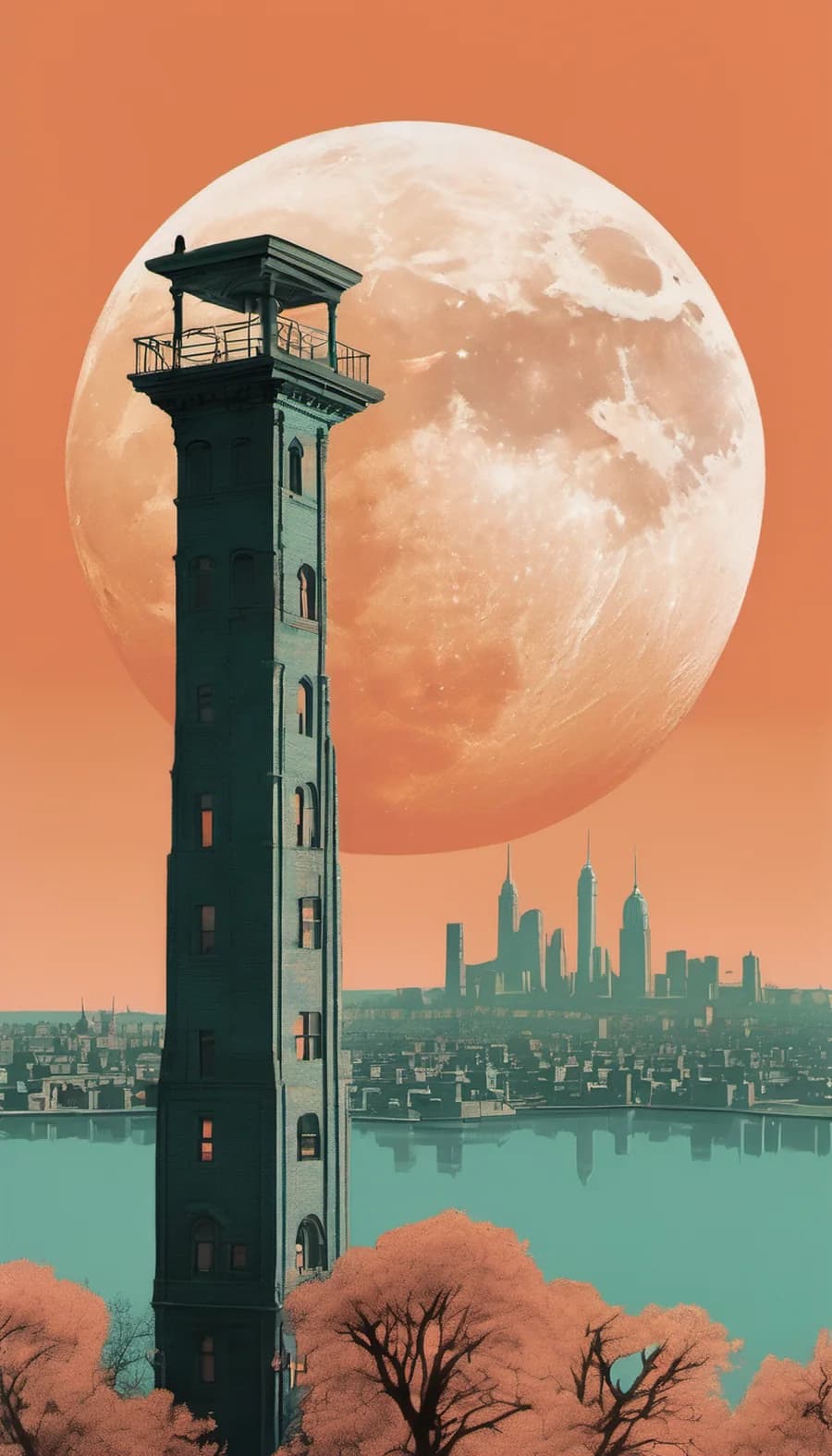 A lone Brooklyn water-tower monolith beneath a giant moon